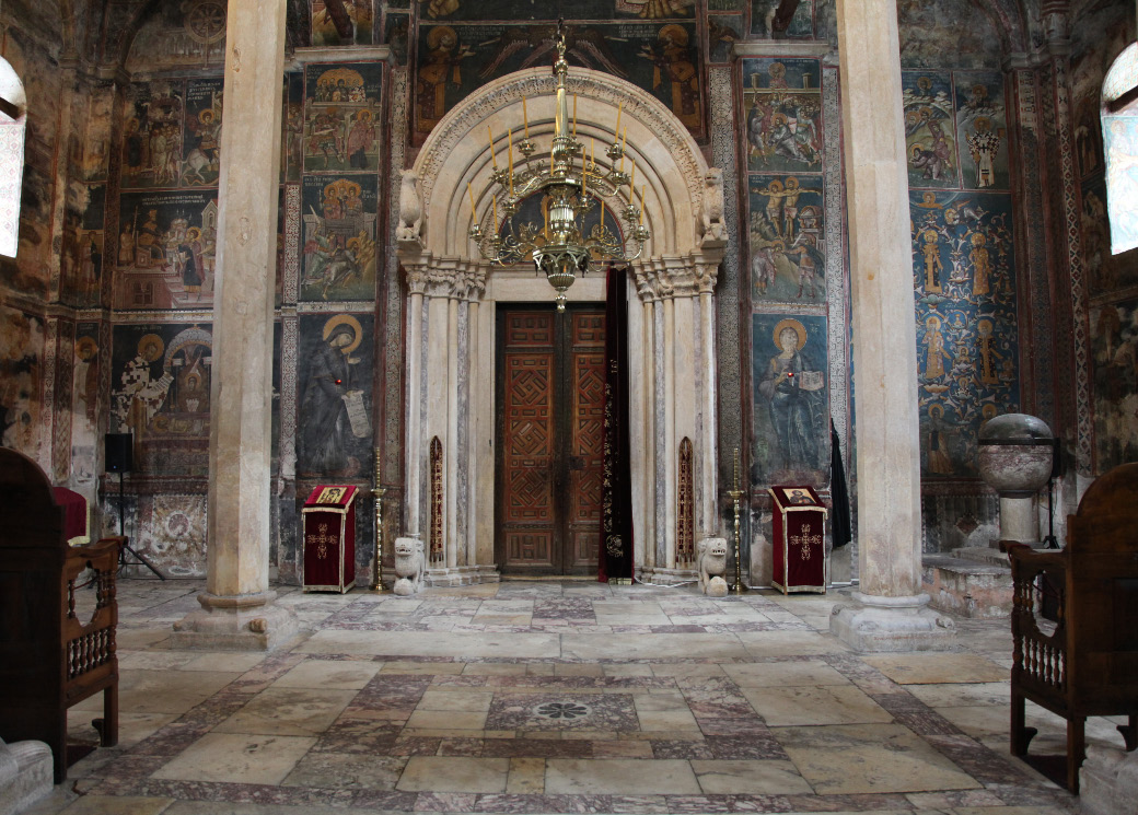 narthex facing main portal to the sanctuary of the Visoki Dečani Monastery in the Metohija region of Kosovo and Metohija